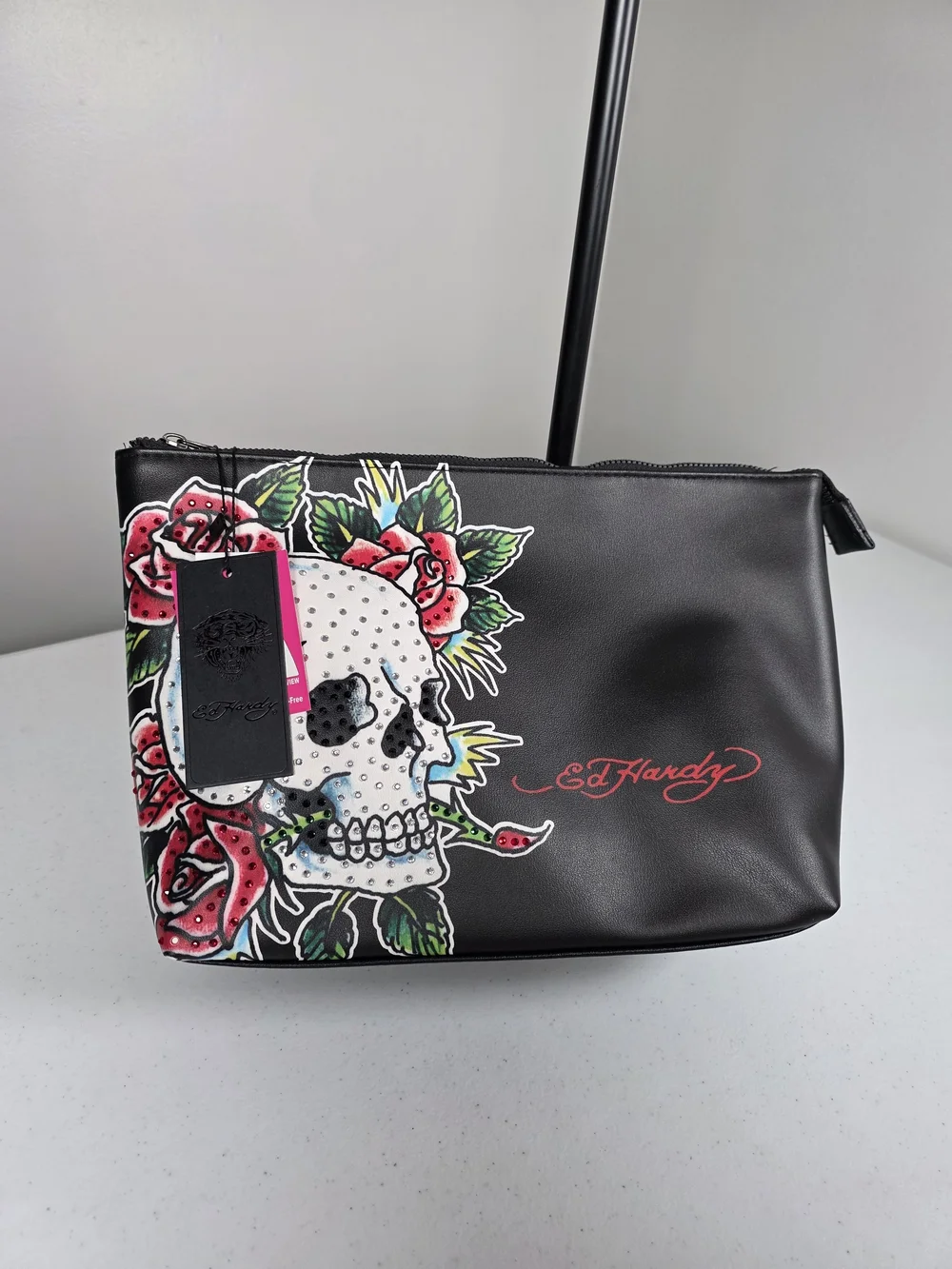 Ed Hardy Black Cosmetic Pouch with Skull & Red Rose Graphic